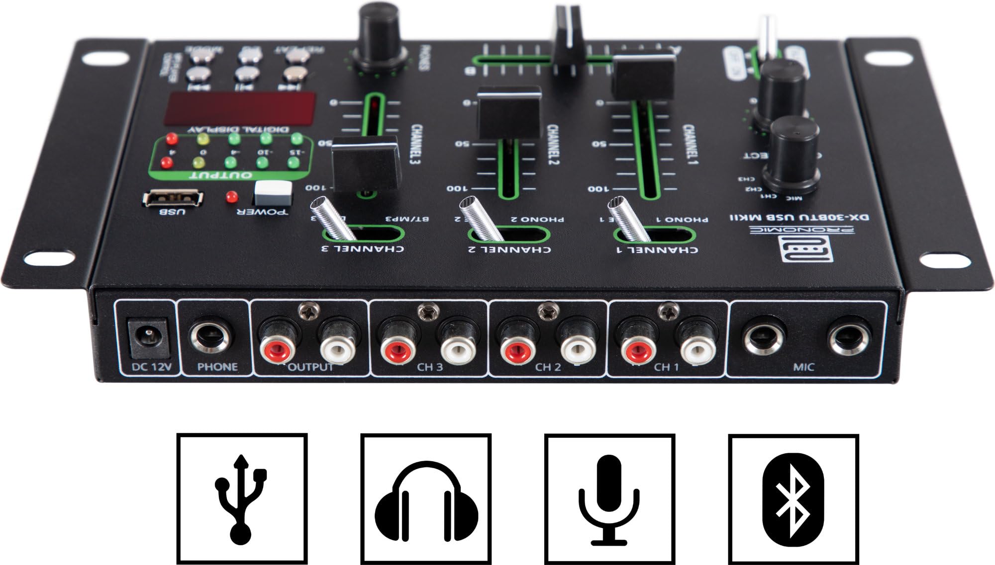 Pronomic DX-30BTU USB MKII DJ-Mixer con Bluetooth, Función Cue, 3 mm | Mezclador DJ de 3 canales, Interfaz Bluetooth integrada, Ultraglide faders súper suaves de 45 mm, Construcción robusta, 3 mm