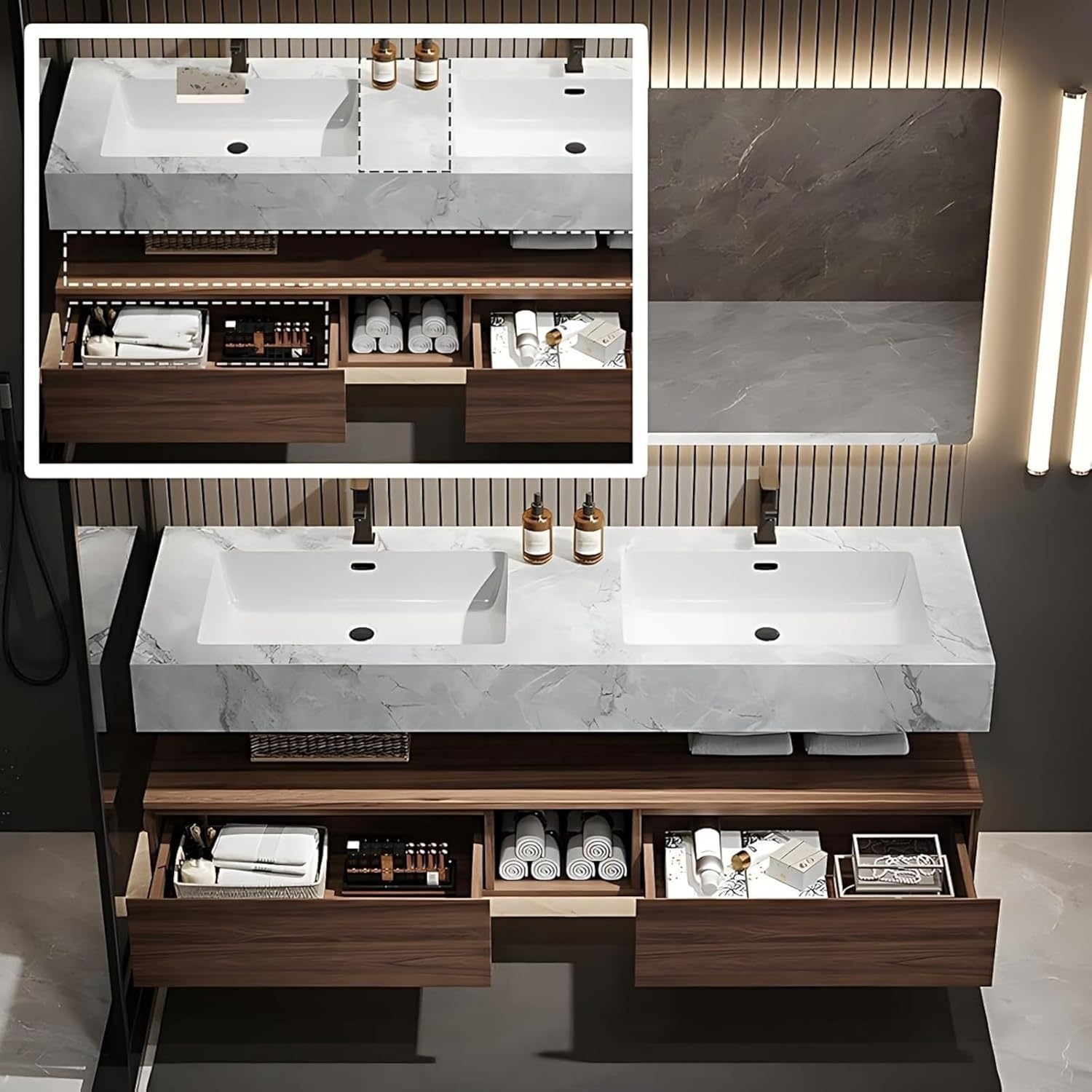 Double Bathroom Vanity with Sink - Floating Bathroom Vanity with Drawers & Smart Defog Mirror Cabinet, Solid Wood Bathroom Vanity, Wall Mounted, Modern Style Design. (72 in)