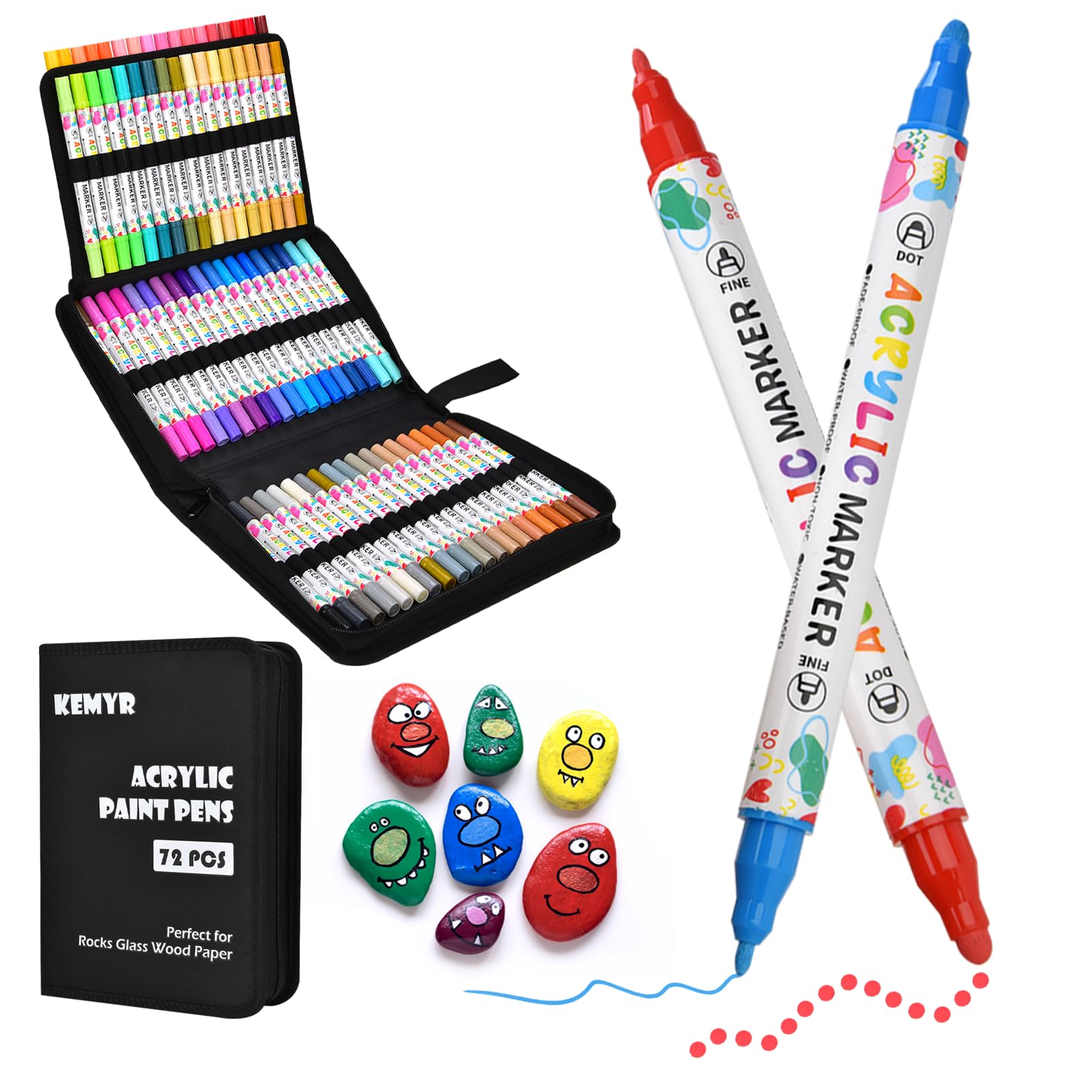 KEMYR 72 Farben Acrylstifte Set mit Doppelspitze, Acrylmarker Wasserfeste für Steine, Holz, Glas & Papier,Acrylic Paint Marker Set für Erwachsene zum Zeichnen,Acrylic Paint Pen für DIY-Bastelprojekte