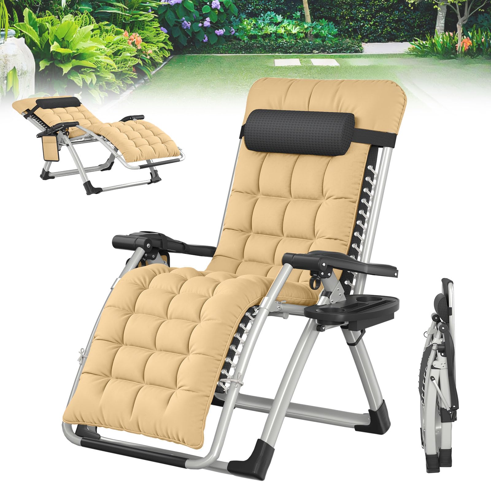 YRHome Beige Sonnenliege Klappbar Gartenliege, Liegestuhl mit Dach, Belastbar 150kg, Ergonomische Relaxliege mit Verstellbarer Rückenlehne, Seitentasche, Nackenkissen, Getränkehalter für Garten