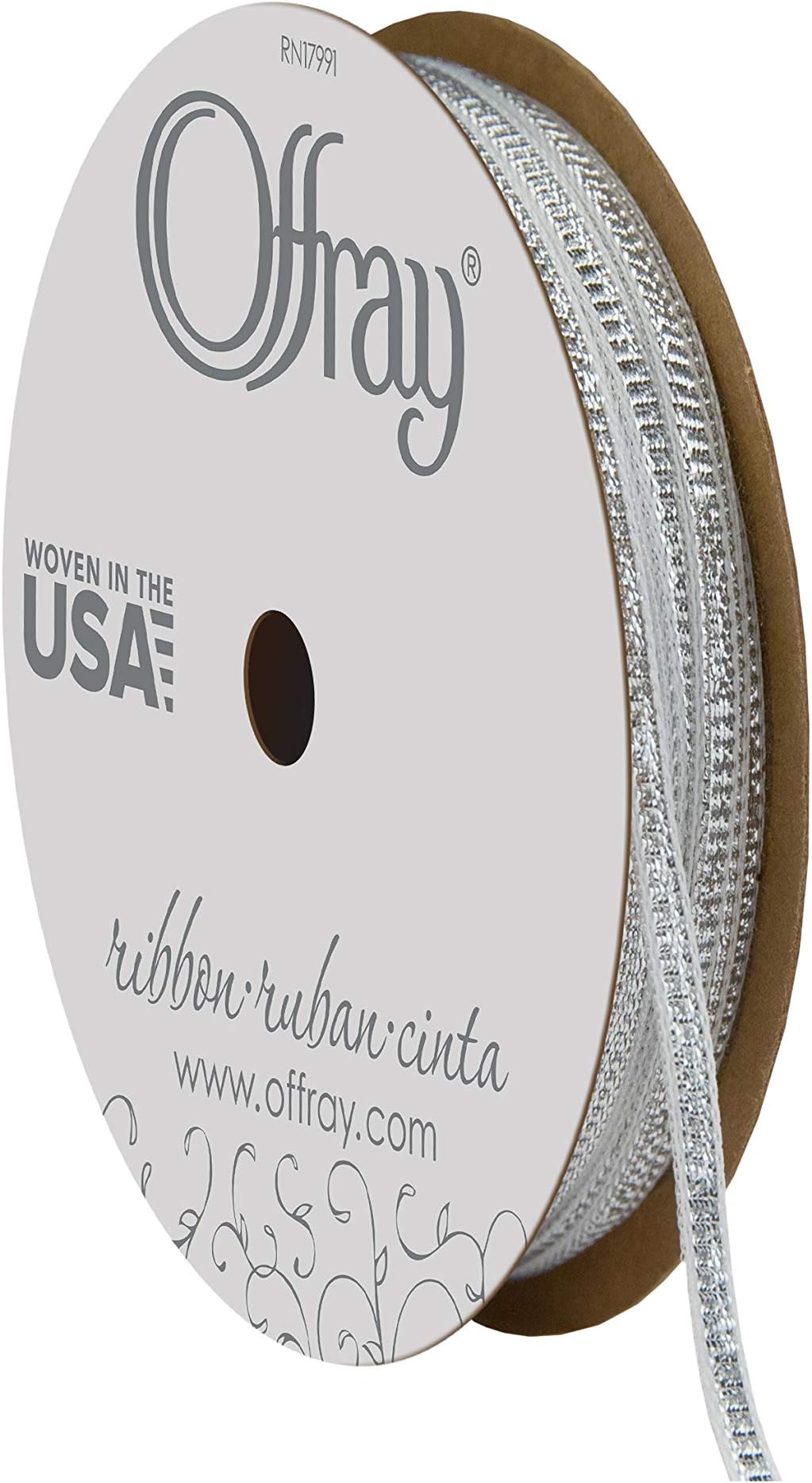 Offray, Silver Metallic Craft Ribbon, 1/8-Inch x 15-Feet, 1/8 Inch, 363171