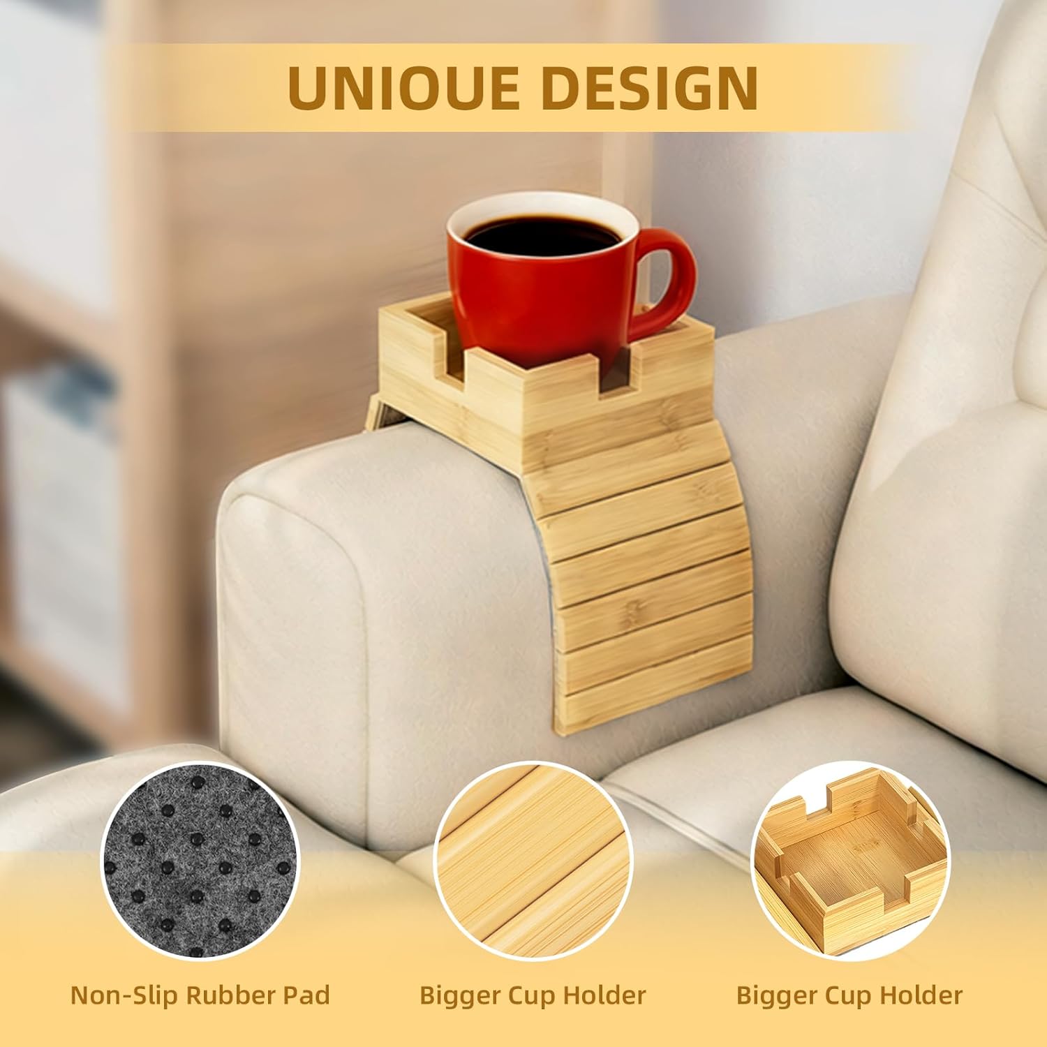 Bamboo Couch Cup Holder & Armrest Tray - Extend Your Comfort with a Secure Drink Slot and Snack Space for Recliner, Loveseat, or Sofa - Image 5