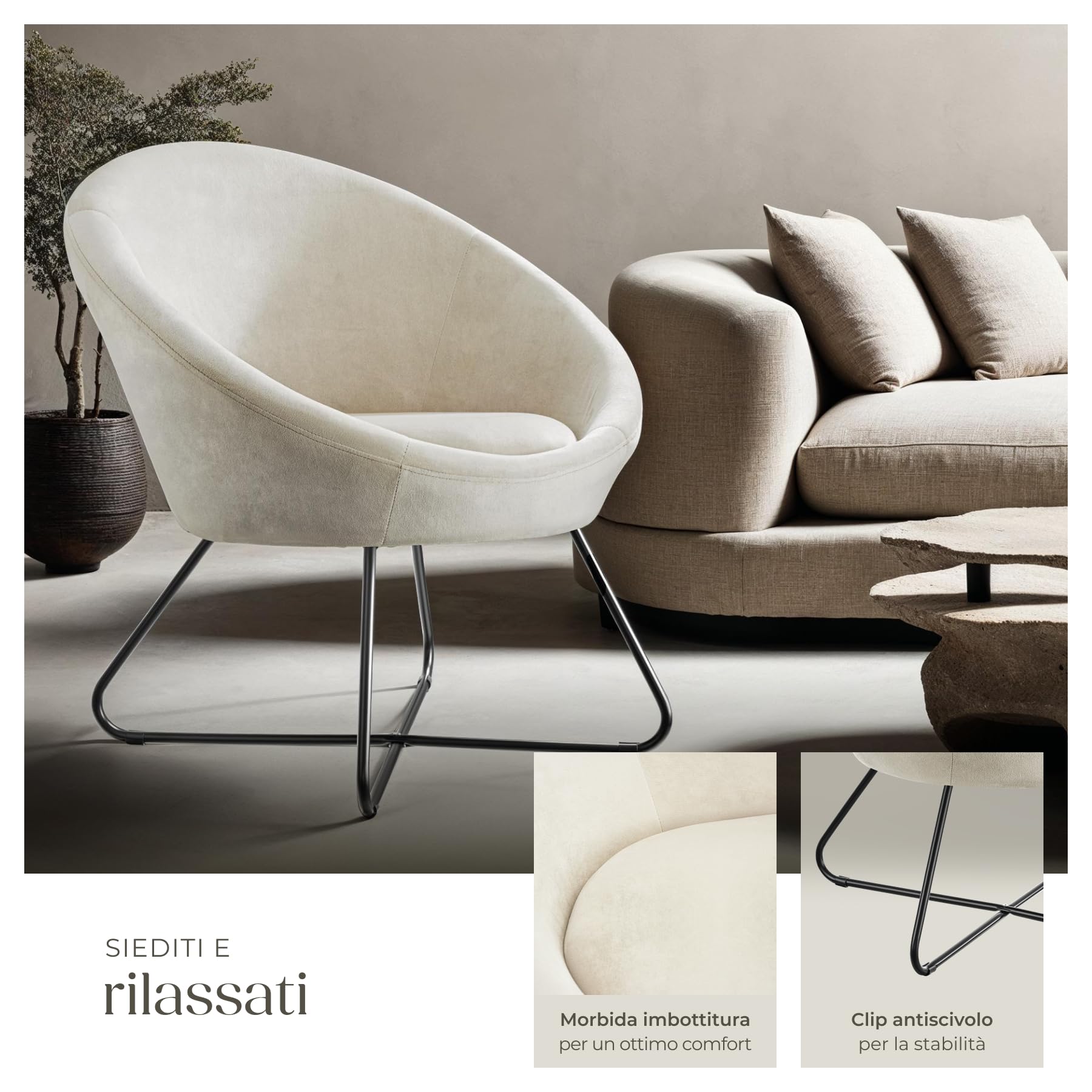 tectake® Poltrona Rotonda Imbottita, Stile Scandinavo, Comoda Sedia da Salotto con Schienale Continuo, Piedini Antiscivolo per Pavimenti, Struttura Verniciata a Polvere - Effetto Velluto Beige