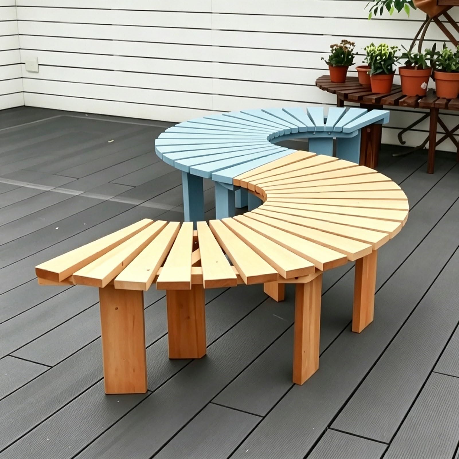 Silla curvada para patio y banco de jardín de madera semicircular blanco