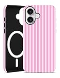 Jusy Compatible with MagSafe Striped Phone Case for iPhone 16, Cute Aesthetic Magnetic Soft TPU and Hard PC Protective Phone Cover for Women Girls（Matte） - Dark Pink