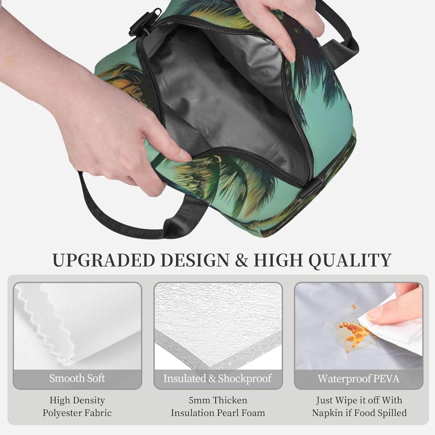 Palm Tree Print Reusable Lunch Bag Insulated Lunch Boxes for Office Work Picnic Tote Bag Adjustable