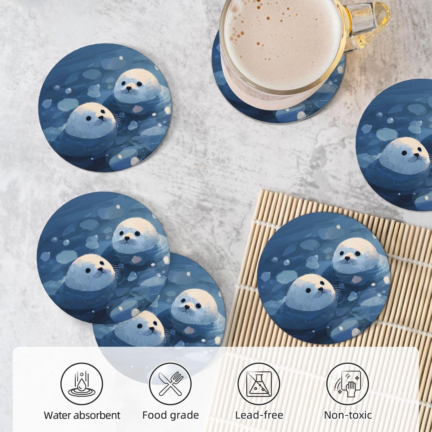 (Little Seals) Ceramic Coasters Set of 6 with Holder Non-Slip Round Coffee Coasters for for Cup Mug Drink Patio Coffee Table Decor, Christmas Coasters Home Bar Supplies