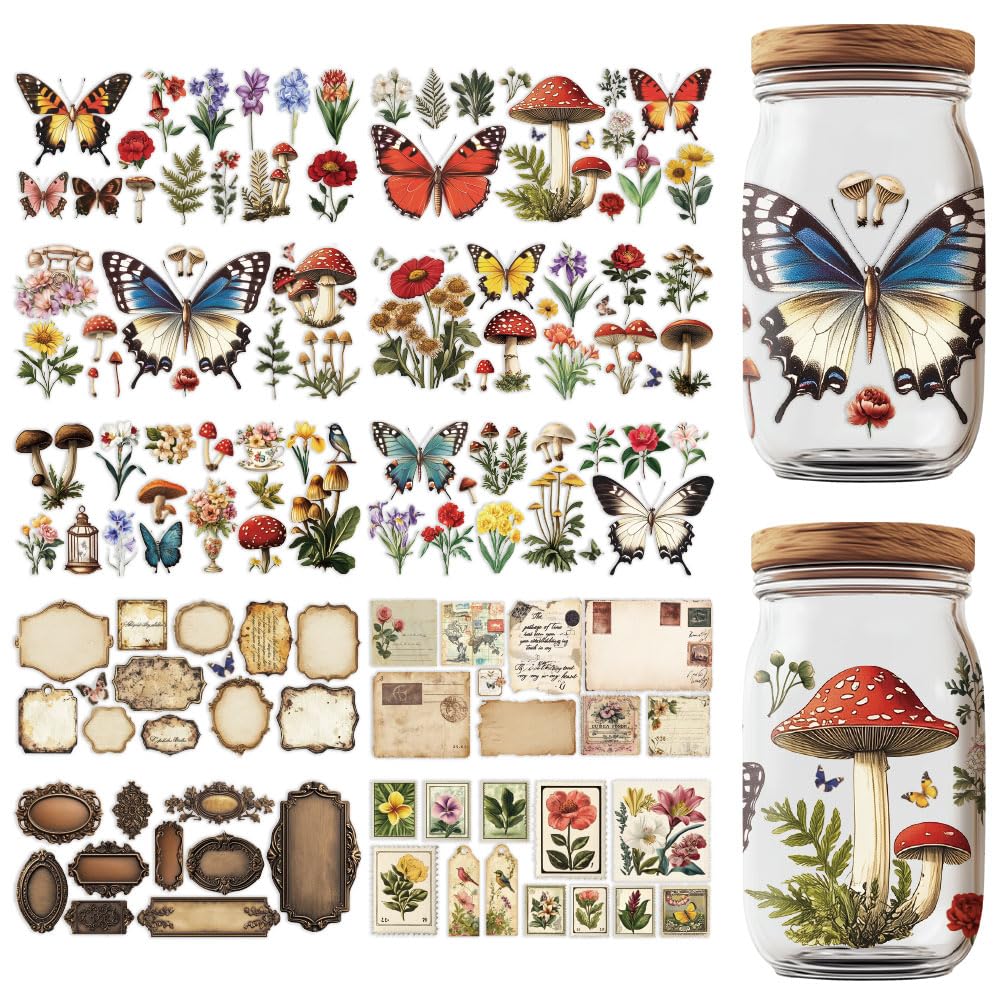GOMAKERER 10 Sheets UV DTF Cup Wraps, 10 Styles Vintage Style Stickers Cartoon Rub on Decals Waterproof Transfer Stickers for Glass Cups Wood Crafts
