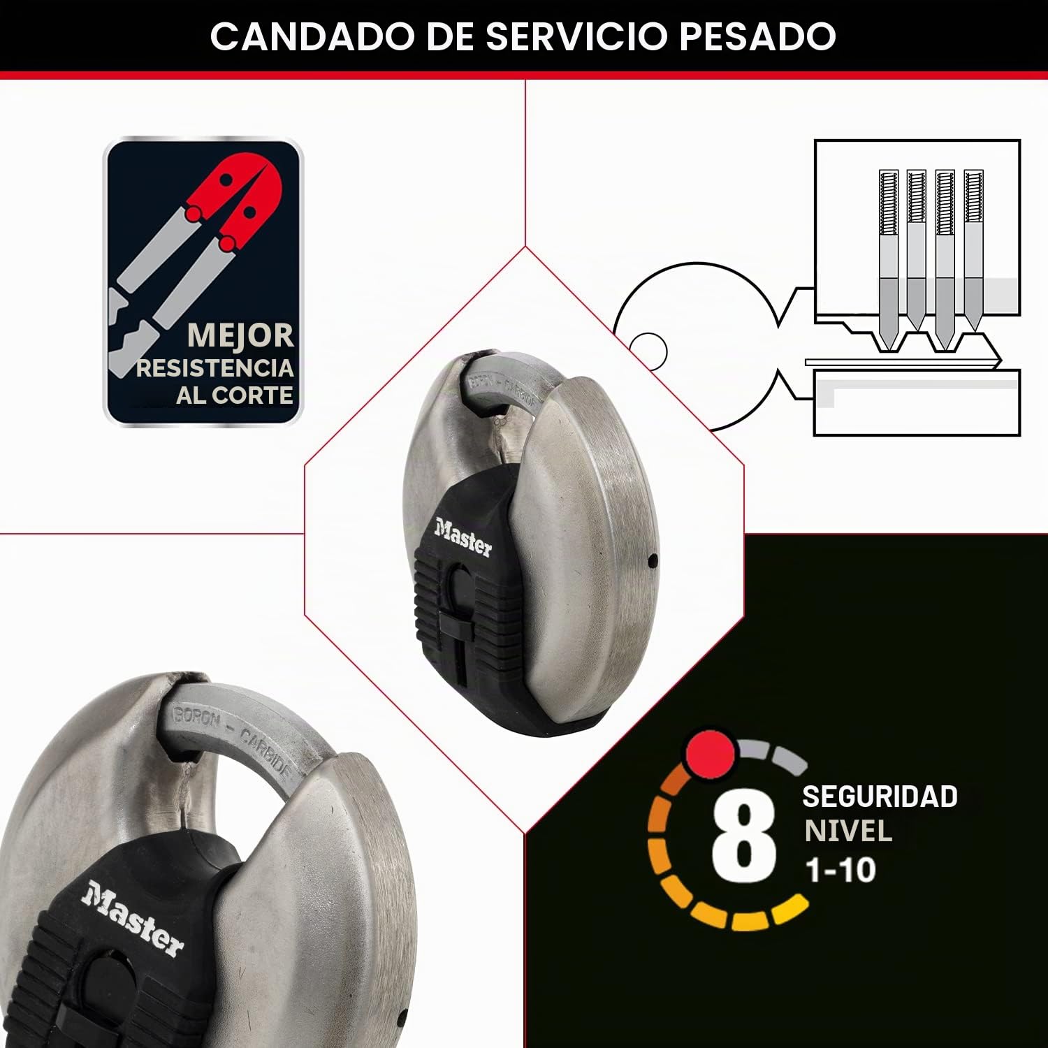 Master Lock M40EURT Candado Redondo Alta Seguridad, Llave, Acero Inoxidable, Exterior, Lote de 2, Adecuado para Portales, Garages, Sótanos