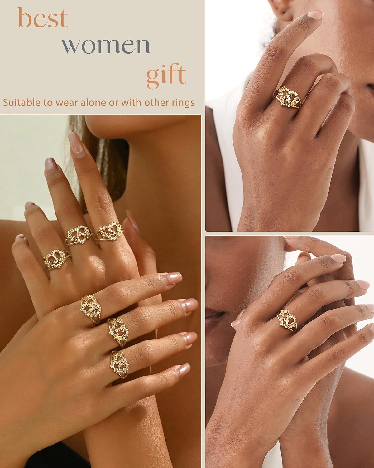 Initial Gold Rings for Women Non Tarnish 14K Gold Plated Cubic Zirconia Chunky Heart Statement Rings Dainty Vintage Flower Stackable Thumb Rings Jewelry Gifts Letter Ring Size 6 7 8 9 10