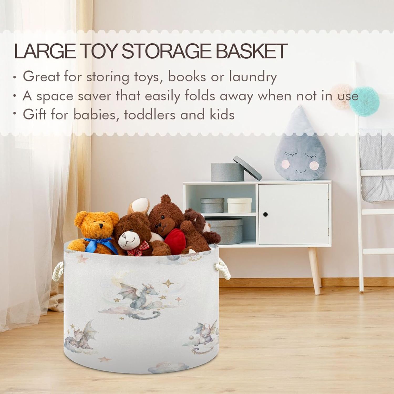 xigua Cute Dragon Cotton Rope Storage Basket with Handles Large Baby Laundry Basket Round Collapsible Blanket Basket Shelf Closet Organizer for Nursery Toys Clothes