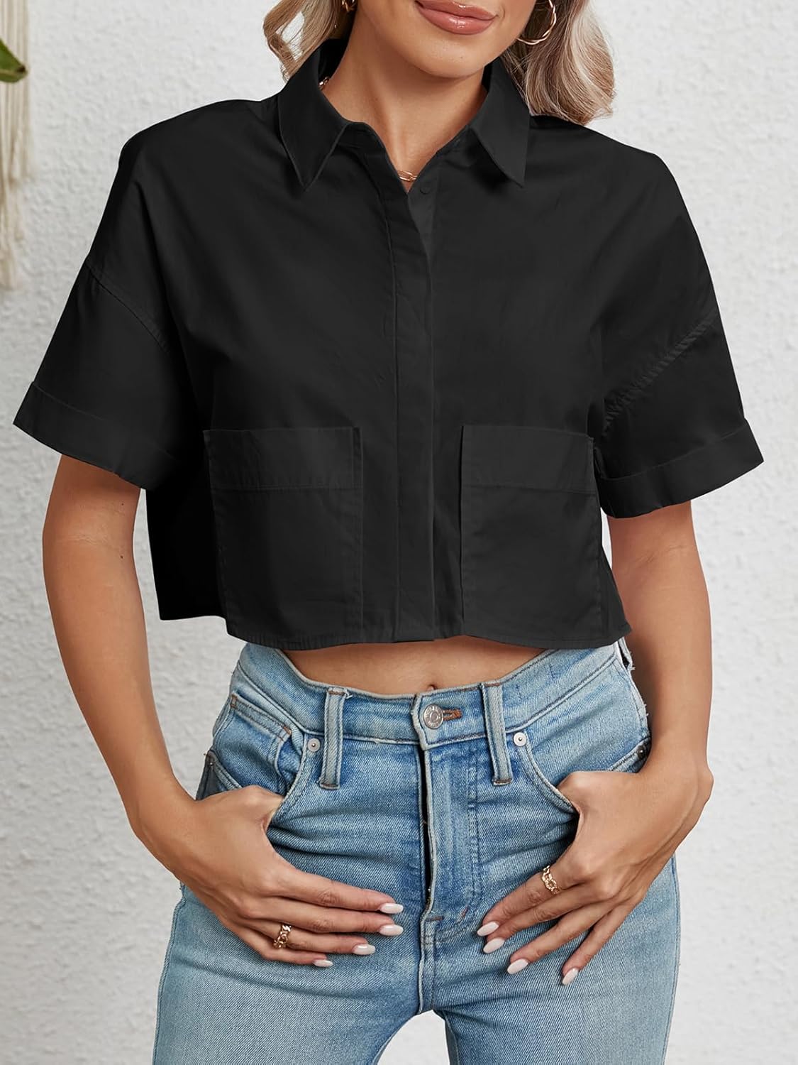 Tankaneo Womens Button Down Shirts Cropped Short Sleeve Casual Crop Tops Blouses with Pockets - Image 4