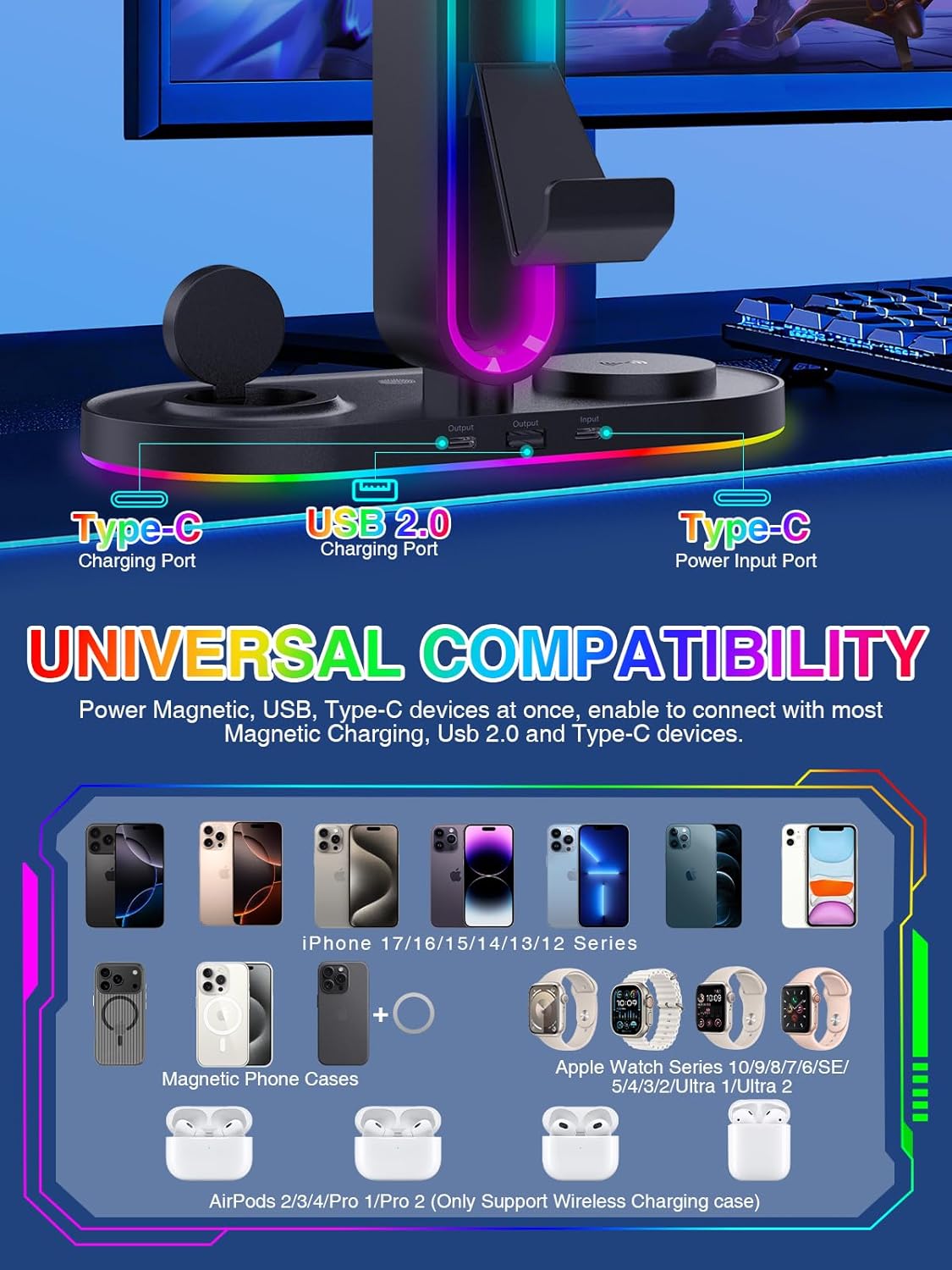 RGB Headset Stand with Wireless Charger, 8-in-1 Charging Station for iPhone, Samsung, Apple Watch Type-C/USB Ports, Gaming Headphone & Controllers Holder, Organizer for Desk Includes 20W PD Adapter - Image 4