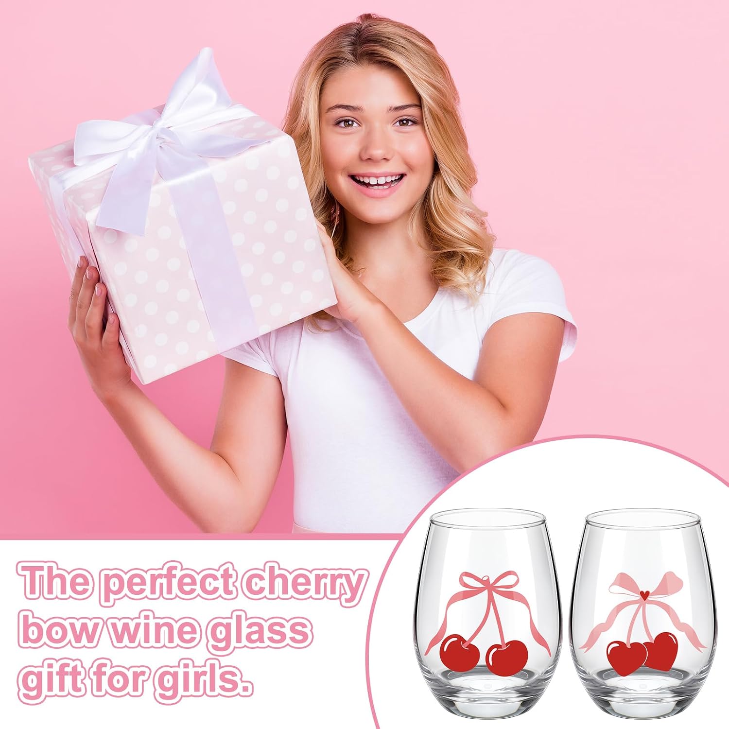 Reallnaive Cherry Bow Wine Glasses Set of 2 Pink Coquette Stemless Wine Glass 15 oz Drinking Glass Cute Cherry Gifts for Girls Women Birthday