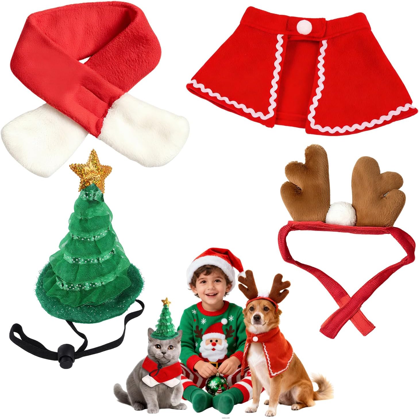 Christmas Costume for Pets, 4 Pieces Christmas Accessories Pet Clothes, Christmas Costumes for Cats Dogs with Hat, Reindeer Antlers Headband, Scarf, Mantle, for Dogs Cats 2