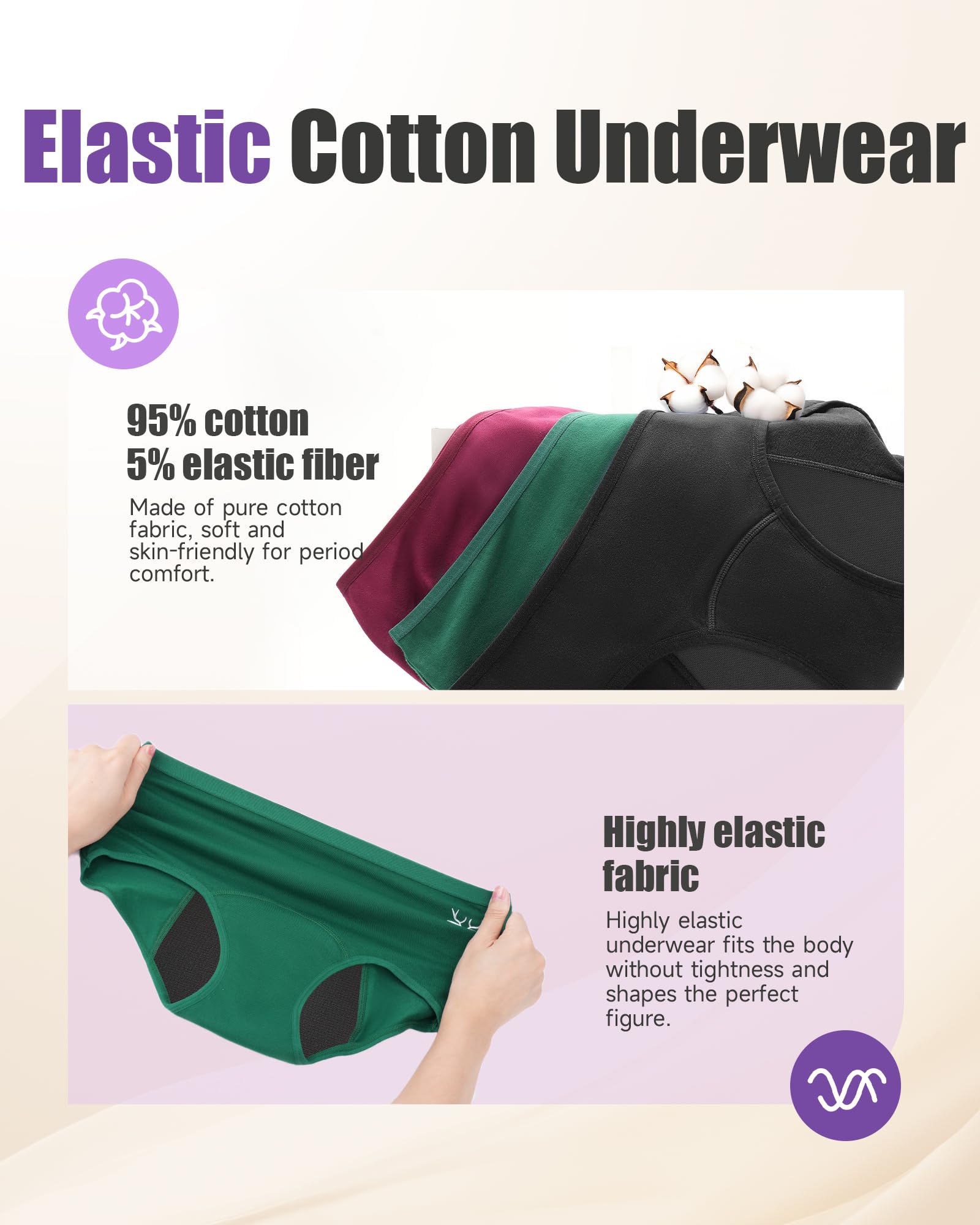 TANSTC Mutande Mestruali Donna Cotone, 4 Strati Mutandine Assorbenti A Prova di Perdite, Assorbenti e Riutilizzabili, 3 Pack