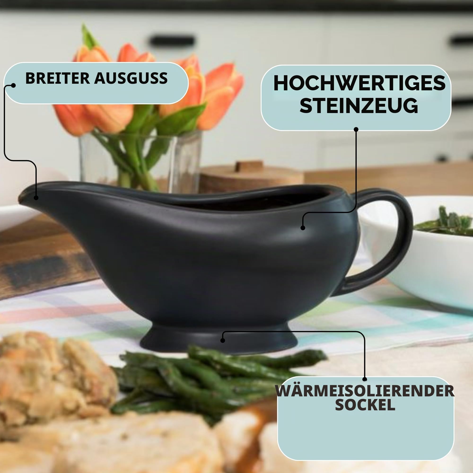 Elegante Keramiksauce zum Ausgießen von Saucen und Saucen, isolierter Griff, Keramiksauce (schwarz)
