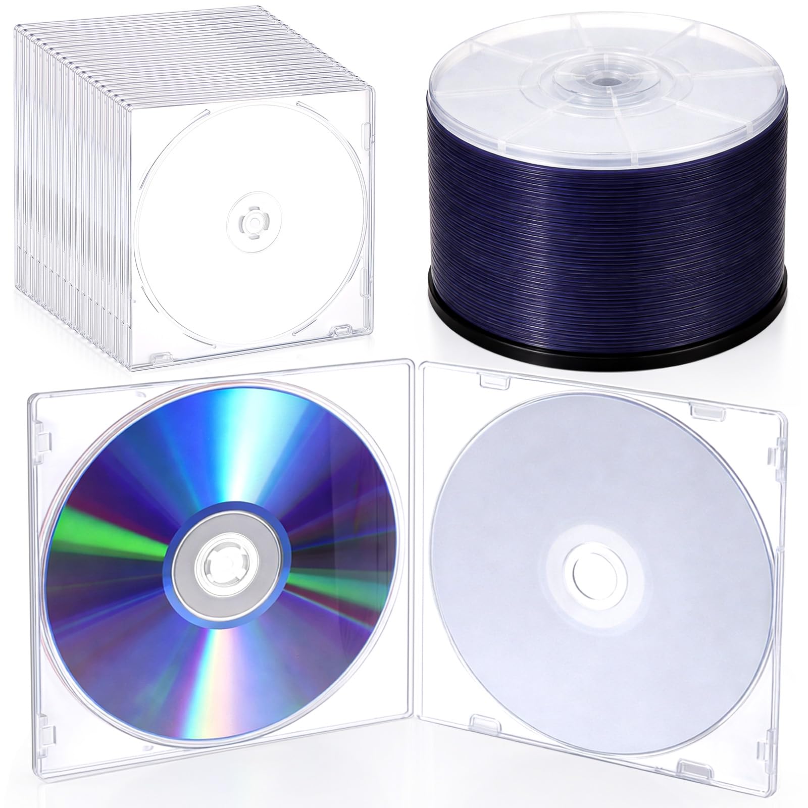 50 discos grabables en blanco de 4,7 GB, 120 minutos, 1-16 discos DVD-R imprimibles en blanco con 50 fundas transparentes para video VCR, cámara, datos de música (eje, blanco)
