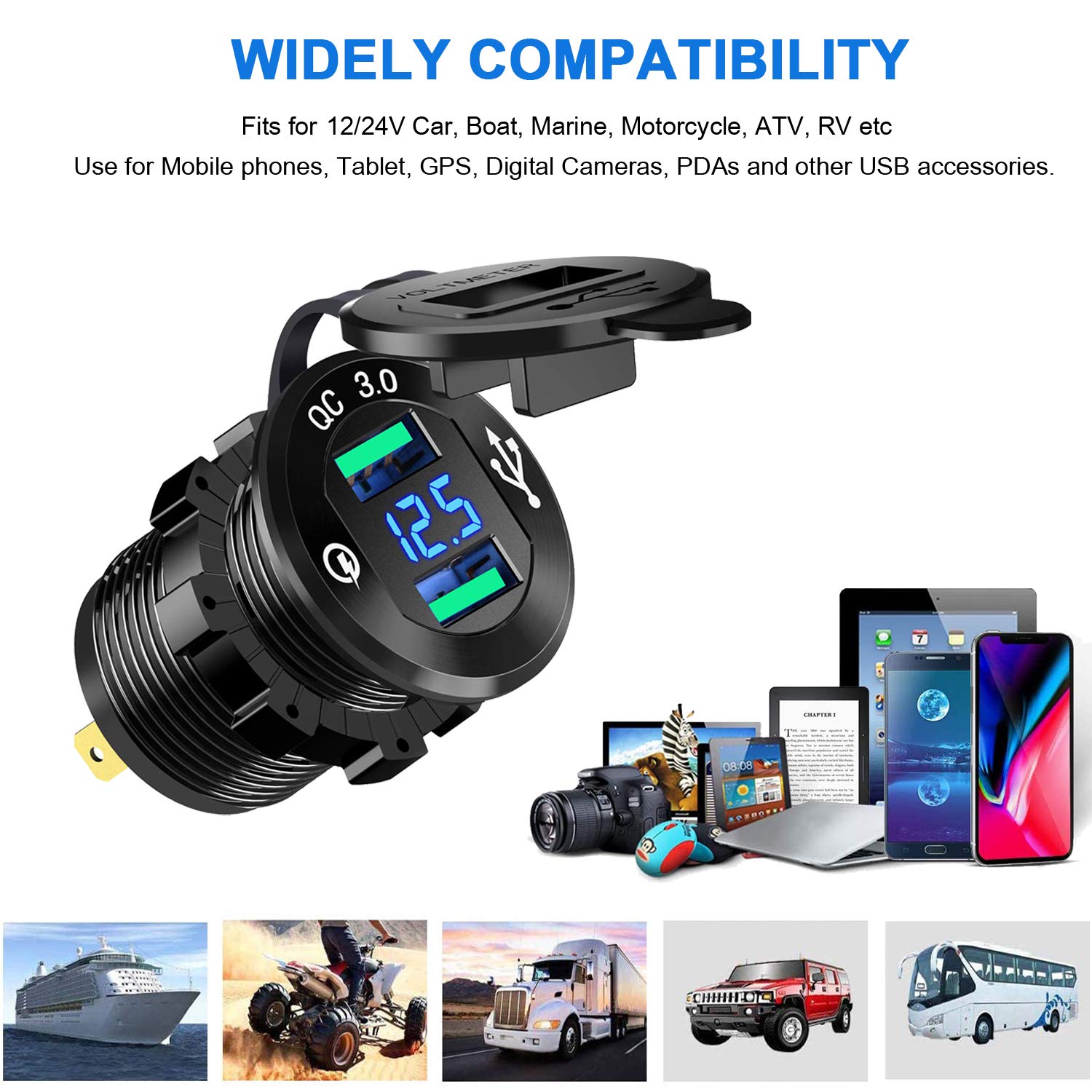 Presa USB Auto YGL QC3.0 Con Voltmetro - 2 Porte Impermeabili, 12V/24V Per Auto, Moto, Camper E Barche - Foto 7