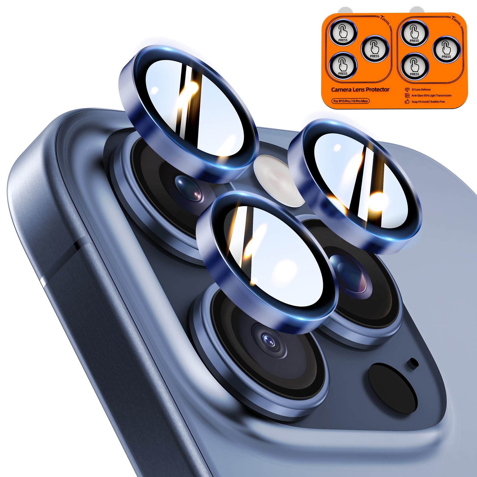 TOCOL 2 Pack for iPhone 15 Pro Max/iPhone 15 Pro Camera Lens Protectors, Individual Tempered Glass Protectors, Anti-Scratch, Easy Installation, Ultra HD Night Shooting Mode, Dark Blue