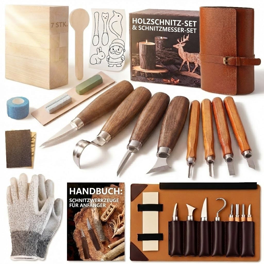 Bluvizo Schnitzwerkzeug Holz Schnitzset für Anfänger: Schnitzmesser Set 25-tlg. zum Schnitzen - HolzSchnitzset Carving Kit mit Anleitung, Handschuhe und Lindenholz für Erwachsene Geschenk