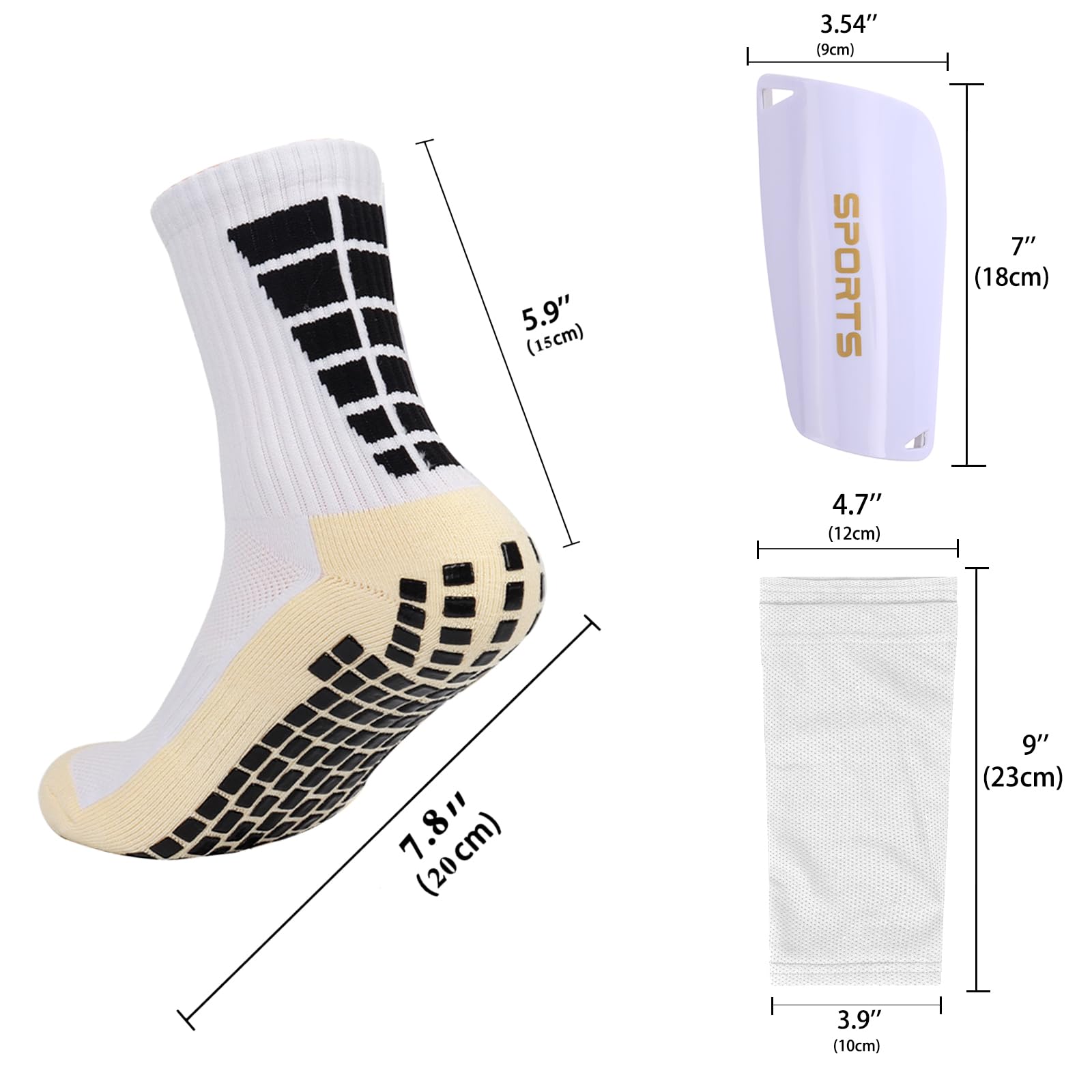 3-Piece Soccer Assortment Set, 1 Pair Men's Anti Slip Soccer Socks, 1 Pair Shin Sleeves with Pads, Football Socks with Shin Guard. (White)