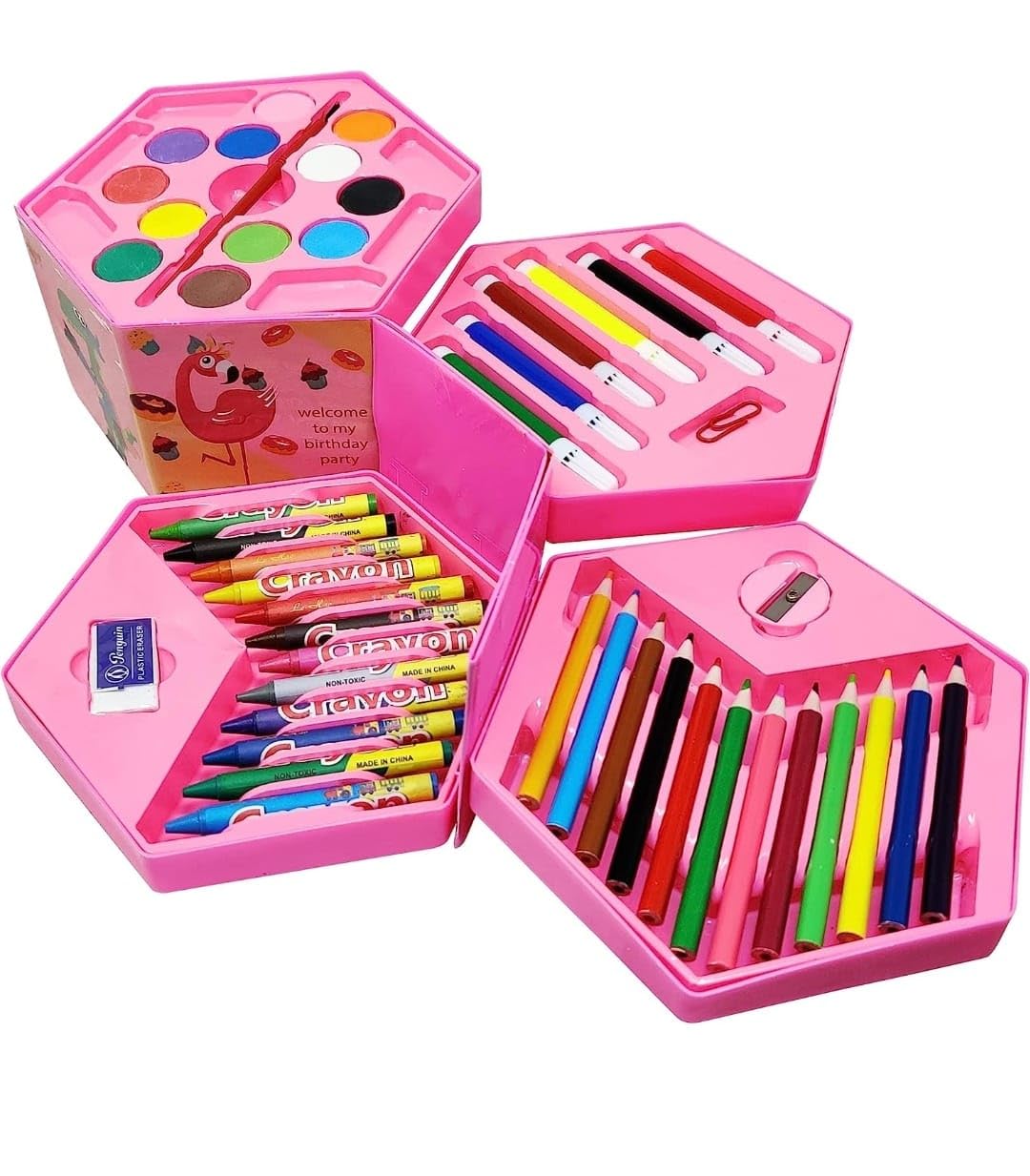 Manos Kids Art Set, 46-Piece Hexagonal Box with Colour Pencils