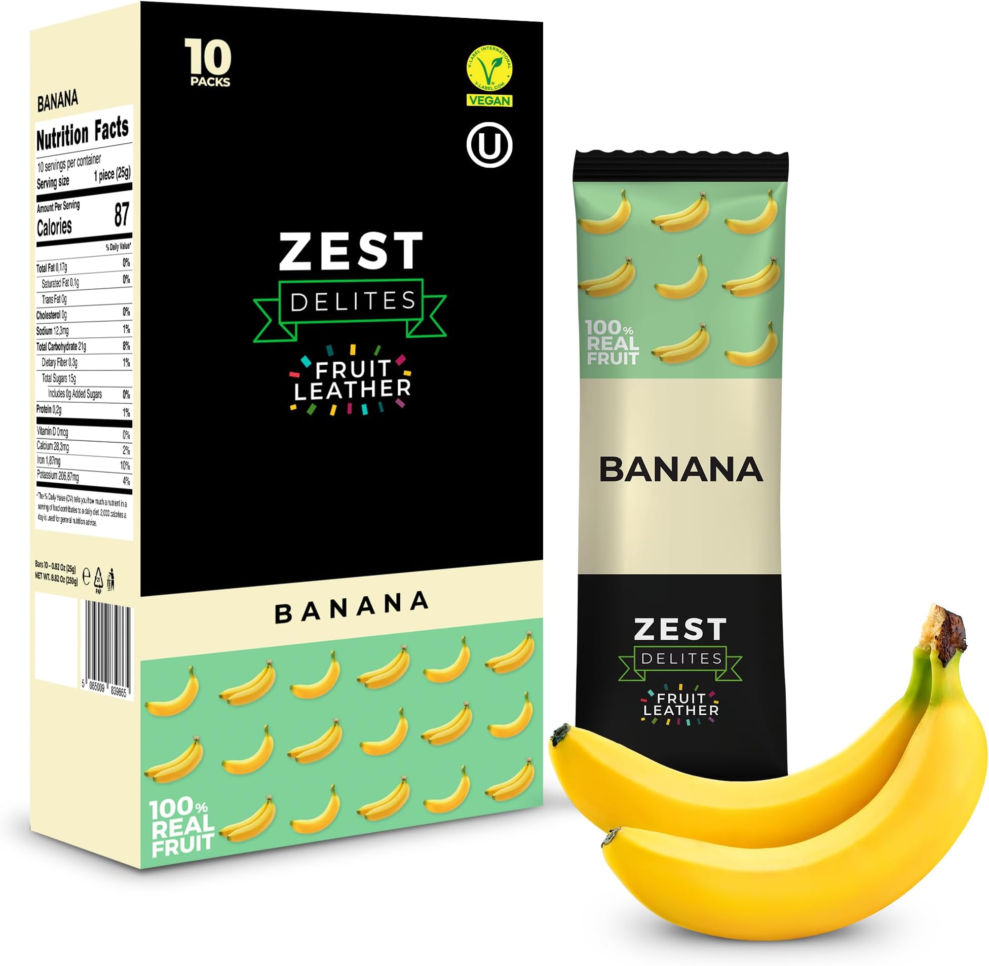 Dried Banana Bars by Zest Delites, Fruit Leather, Fruit Snacks, Healthy Snacks for Adults, Lavashak, Vegan, Healthy Sweets, Apple-Based Banana Strips, 25g x 10