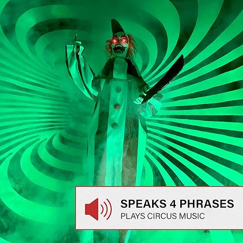 Miniatura 61 de Haunted Hill Farm Payaso parlante aterrador de tamaño real con luces y sonidos activados por el tacto, funciona con pilas, decoración