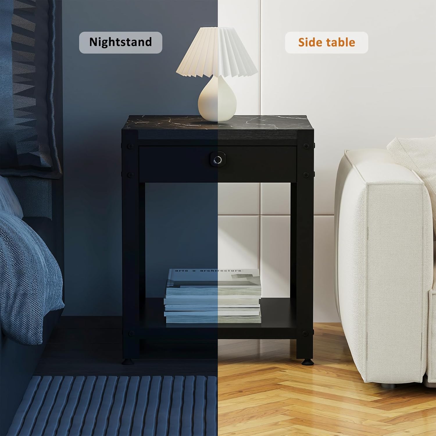 Nightstand Set of 2 Gun Table with Hidden Locking Compartment, Smart Fingerprint End Table, Secure Storage Cabinet for Handguns and Valuables, Quick Access Small storage table for Bedroom or Office