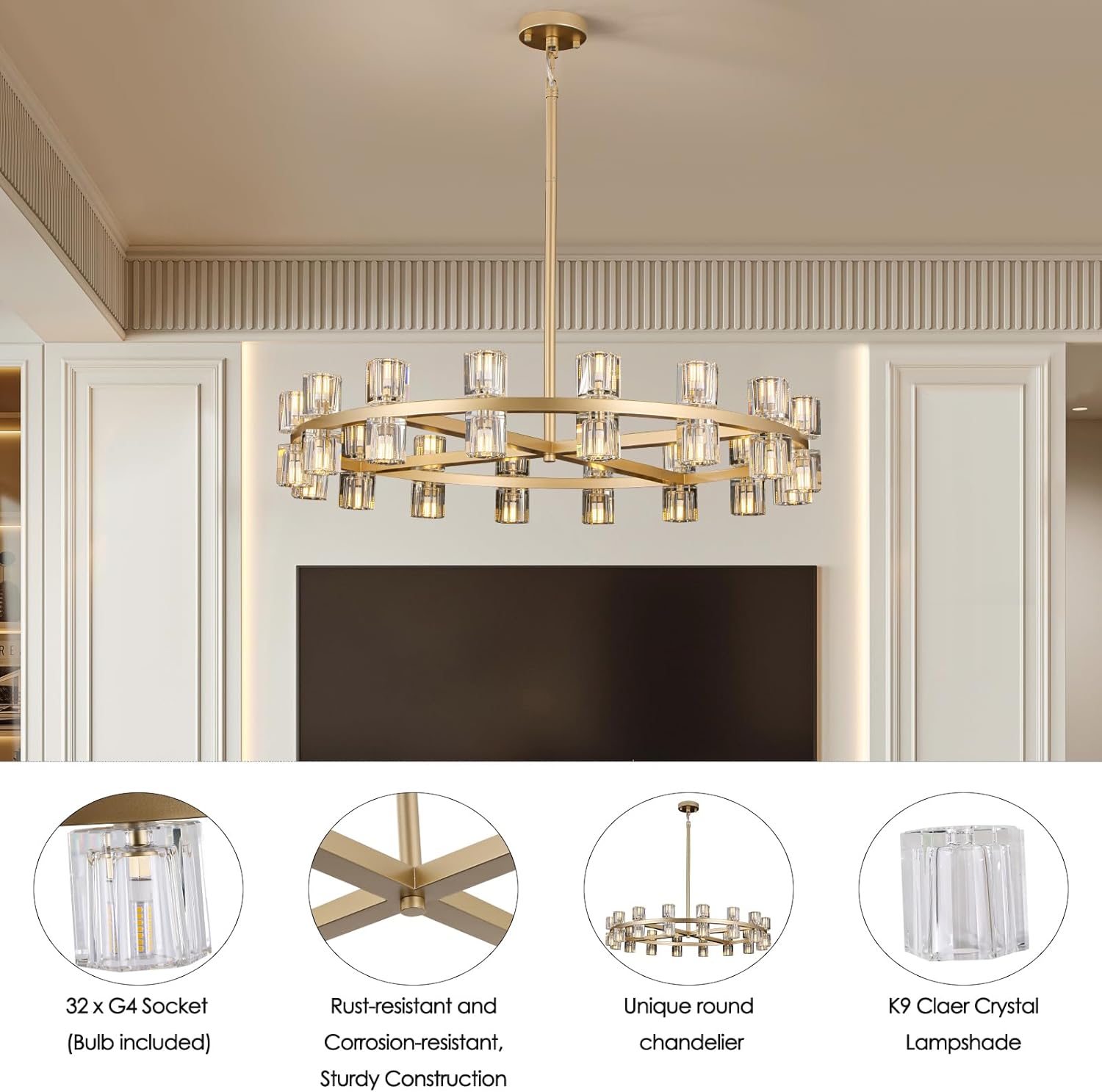 Wagon Wheel Chandelier, Large Modern 36" Rustic Chandeliers withK9 Crystal Shade, 32Lights Round Large Gold Chandelier for Living Room Dining Room (Bulb Included)