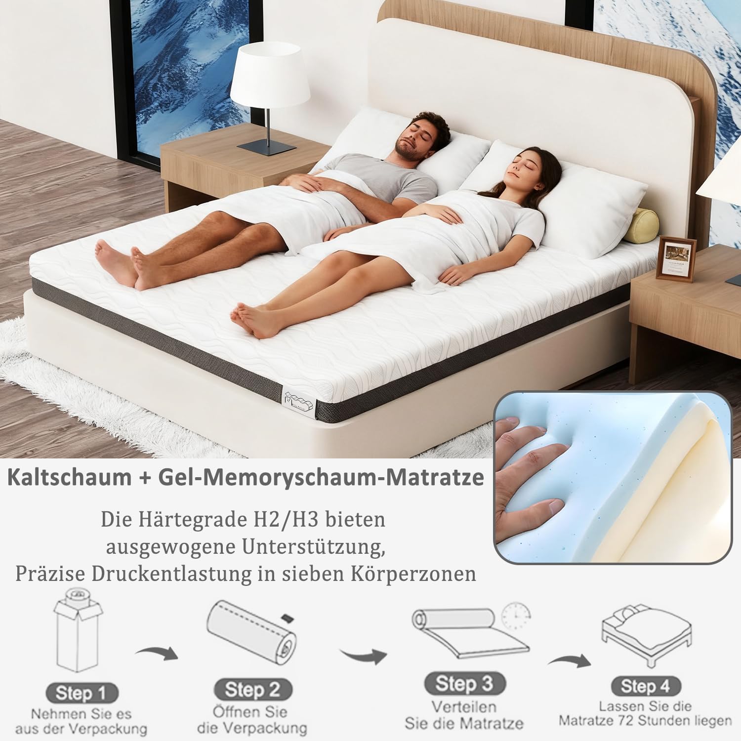 Materasso 180 x 200 cm, H3, 7 zone, altezza 20 cm, durezza H2/H3, materasso in schiuma fredda (180 x 200 x 200 cm)