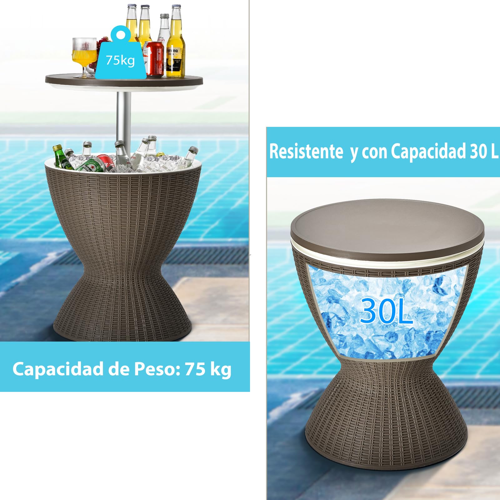 SOARS 3 En 1 Mesa Nevera para Jardín, 30L Cool Bar con Enfriador de Bebidas, Mesas de Cóctel con Hielo Altura Ajustable 57,5-82cm, Mesa de Hielo Carga 75kg para Fiesta Camping Caravaning (Café)