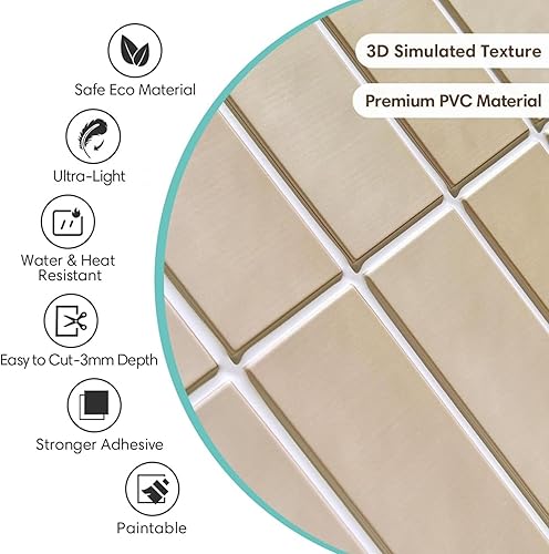 Miniatura 3 de Commomy 10 paneles de pared de mosaico 3D para despegar y pegar 118 x 118 pulgadas panel de pared 3D lineal recto para pegar en cocina sala de estar