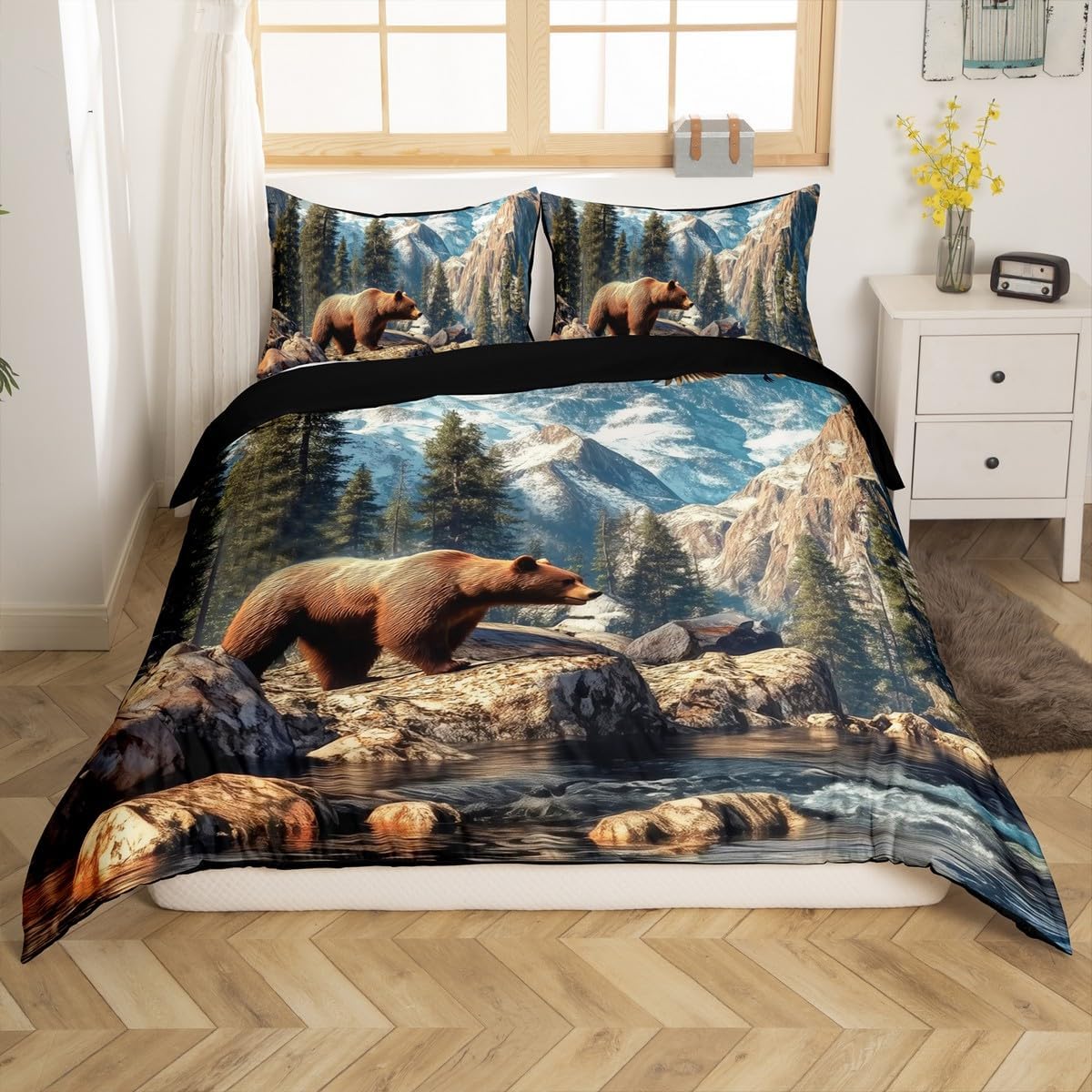 3D Bear Hunt Duvet Cover Queen Size Mountain Tree Landscape Bedding Set 3pcs Soaring Eagle Wildlife Comforter Cover for Kids Bedroom Decor Farmhouse Quilt Cover,2 Pillowcases(Not Comforter)