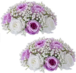 NUPTIO Babys Breath Artificial Flowers: 2 Pcs 8.6 inch Diameter Lilac Fake Rose Ball Arrangement Bouquet Centerpiece for Wedding Tables Event Party Decor