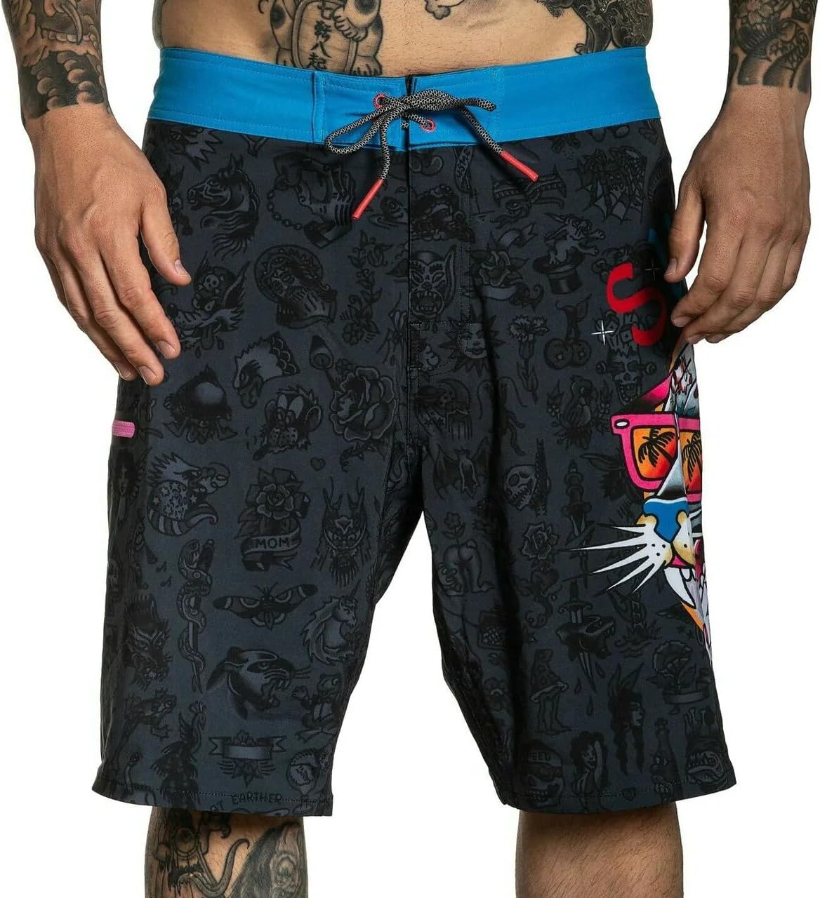 Sullen Party Panther SCM3962 New Black/Blue Water-Resistant Tattoo Graphic Board Shorts for Men