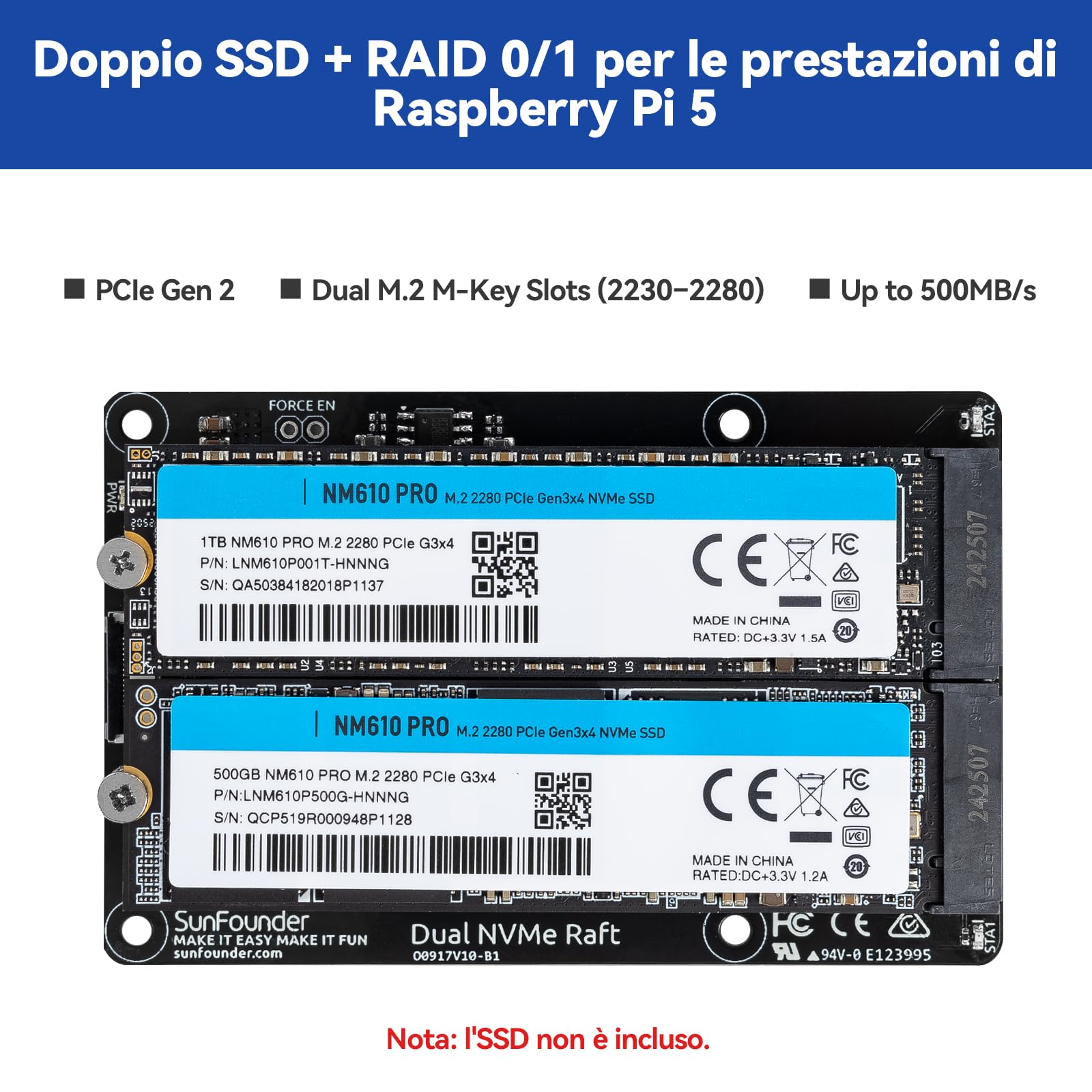 SUNFOUNDER Dual NVMe Raft per Raspberry Pi 5 PCIe Gen 2.0 a M.2 HAT Key-M SSD Hailo-8L AI Accelerator PIP M.2 2230/2242/2260/2280, NAS RAID 0/1, indicatori LED, manuale