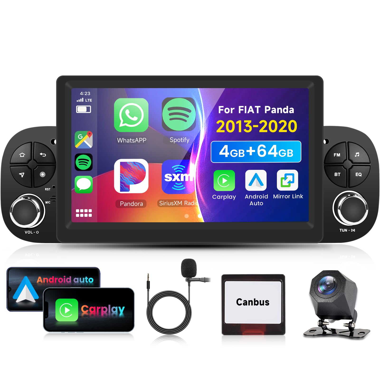 4G/64G VECHTEL 7" Autoradio Bluetooth pour Fiat Panda 2013-2020,Android 15,Carplay Android Auto,DSP,EQ,WiFi GPS,Mirrorlink,RDS/FM Radio 2 Din Con caméra de recul AHD