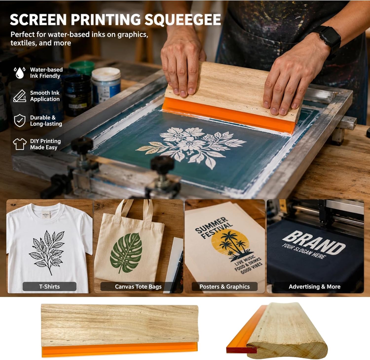 14 Inch Screen Printing Squeegee, 70 Durometer Polyurethane Blade with Wooden Handle, Ink Scoop Silk Screen Printing Tool for Fabric, T-Shirt, Textile, DIY & Graphic Printing