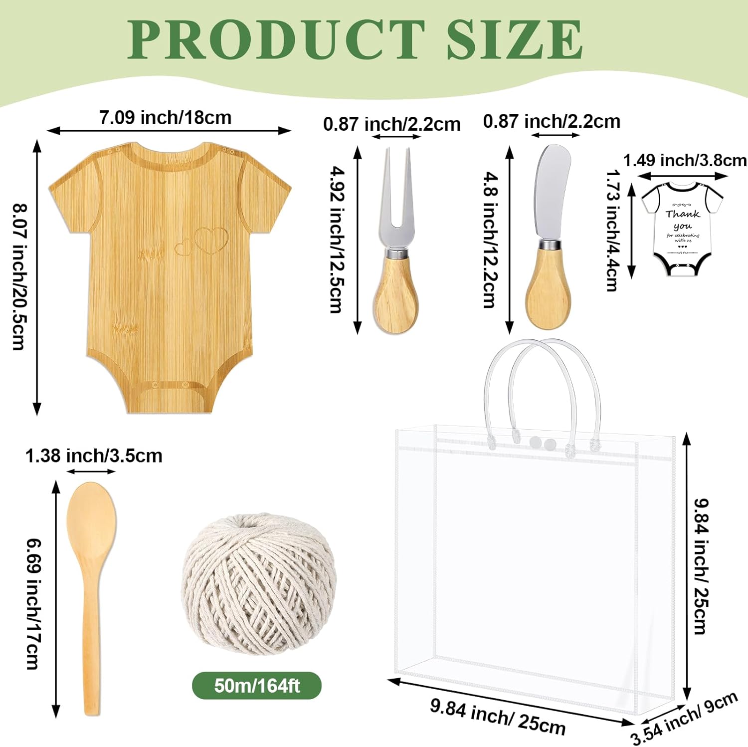 Bonerwhite 74 Pcs 12 Sets Baby Shower Game Prizes Gift Bulk for Guest Winner Bamboo Clothing Shaped Cheese Charcuterie Board Spoon Fork Butter Spreaders Thank You Tag Gift Bag for Baby Shower Favors