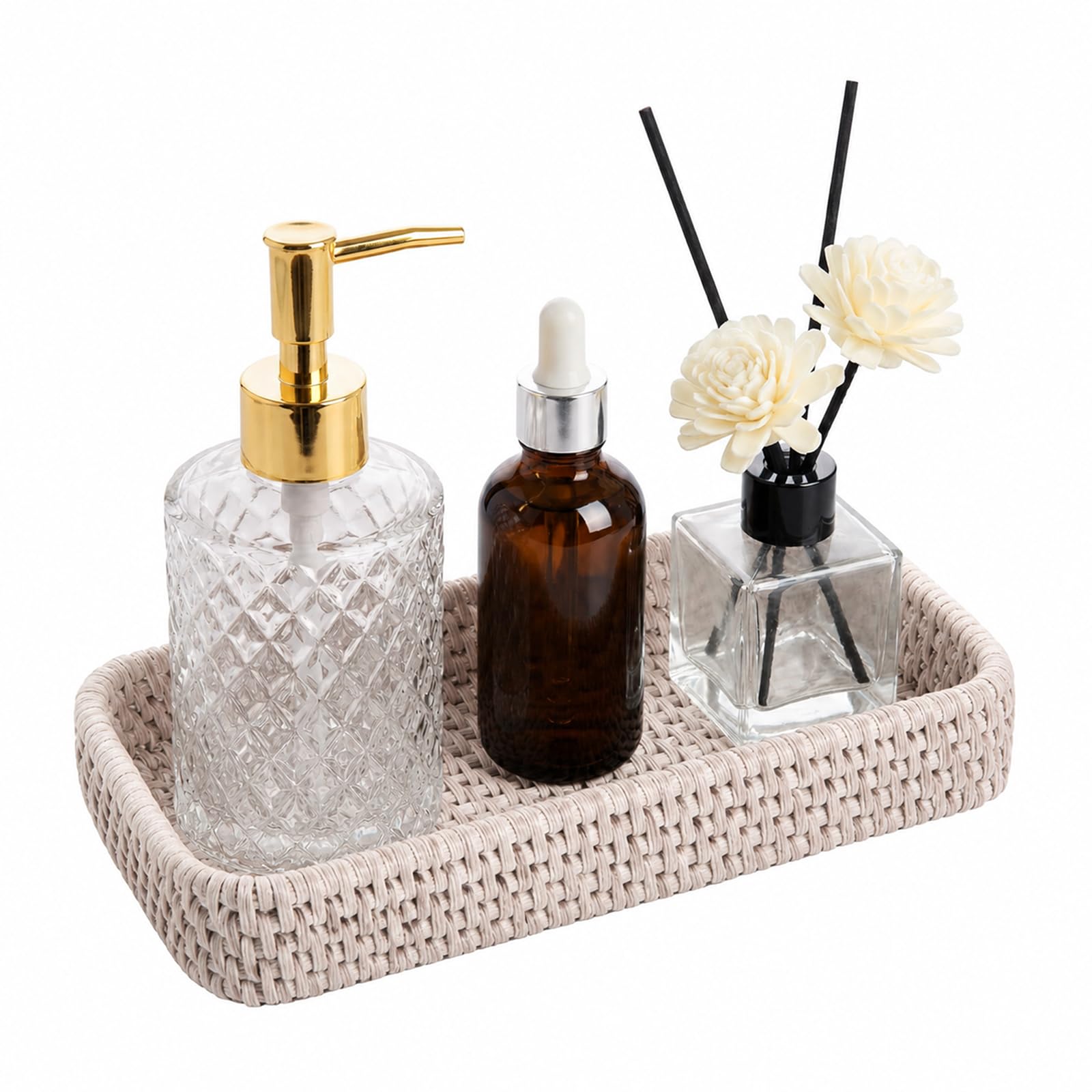 GREENSAPPIRE Rattan Bathroom Vanity Trays Toilet Tank Baskets Long Narrow Hand Towel Storage Basket for Storage, Decorative Small Woven Wicker Entryway Decorative Basket, Coffee Table (White)
