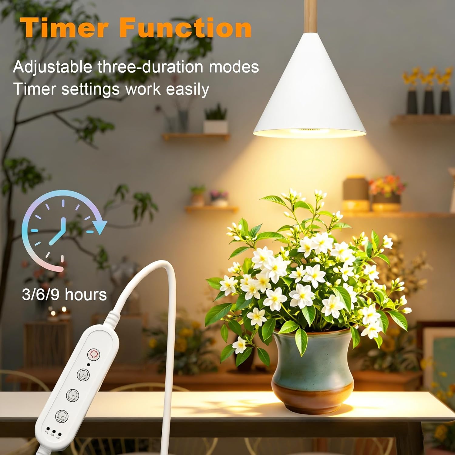 Hanging Grow Light with Timer, 20W Full Spectrum Plant Lamp for Indoor Plants, 14.5 ft Power Cord, Adjustable Height, Wall-Mounted Growing Light for Large Tall Plants, Succulents and Flowers (White)