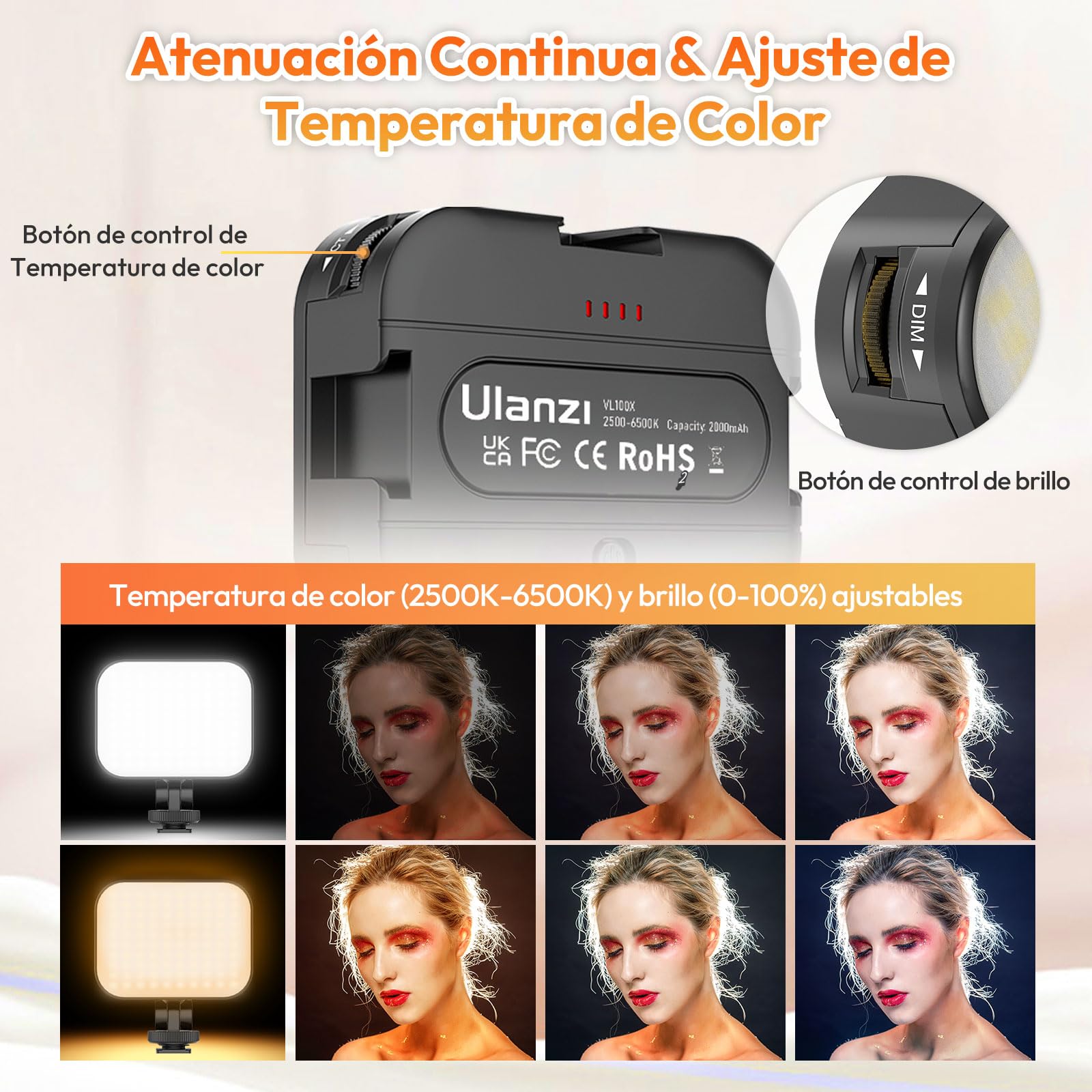 ULANZI VL100X Luz Selfie con Clip, Luz LED de Vídeo con Batería 2000mAh, Luz de Cámara Regulable 2500-6500K, CRI 95+, 3 Modos de Luz, Mini Luz de Vídeo para Teléfono Móvil, Tablet