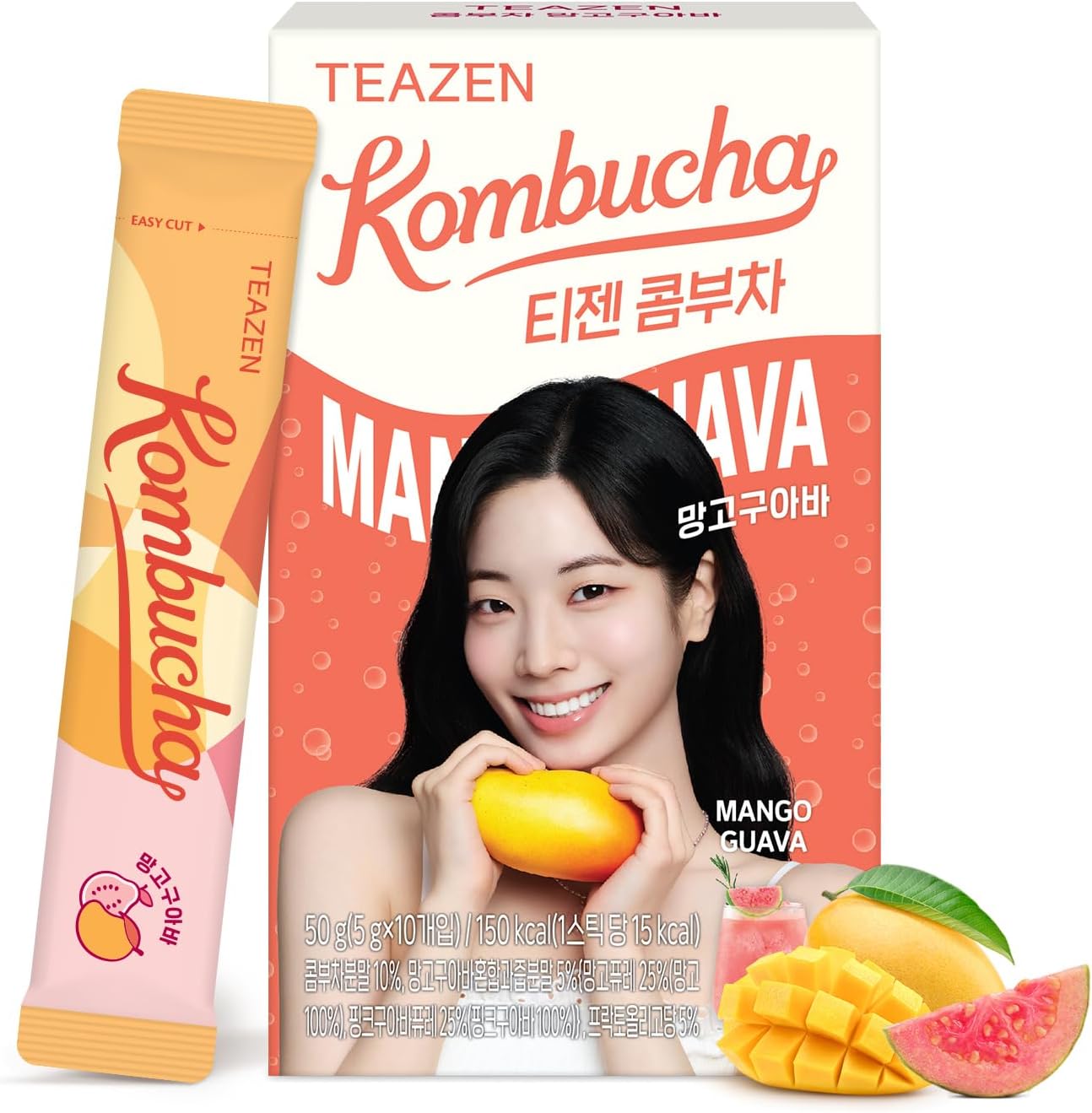 TEAZEN Mango Guava Kombucha Powder, Hydration Drink Mix, Sugar Free, Live Probiotics & Prebiotics, On-the-Go 10 Packets, 1.76oz
