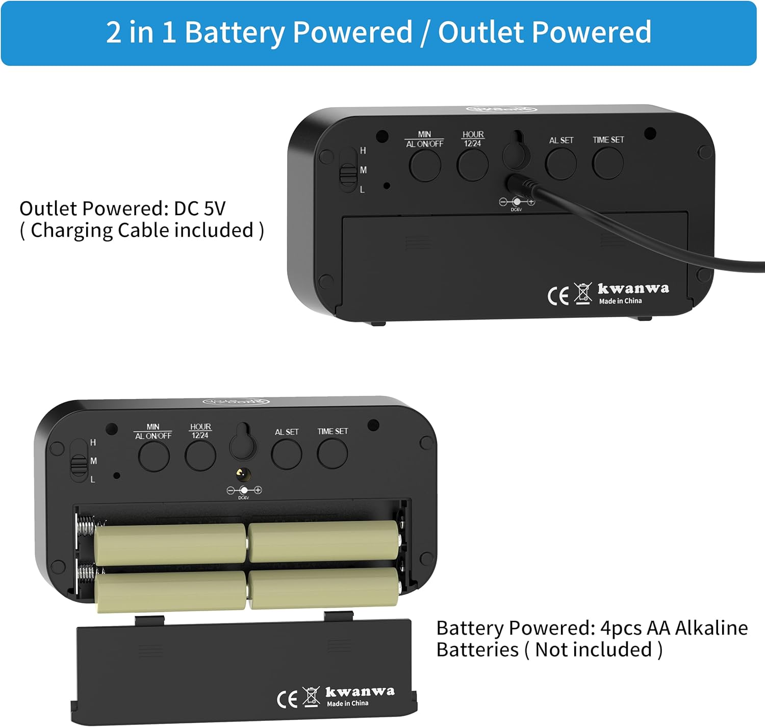 KWANWA KW668 Alarm Clock with USB cable and battery compartment