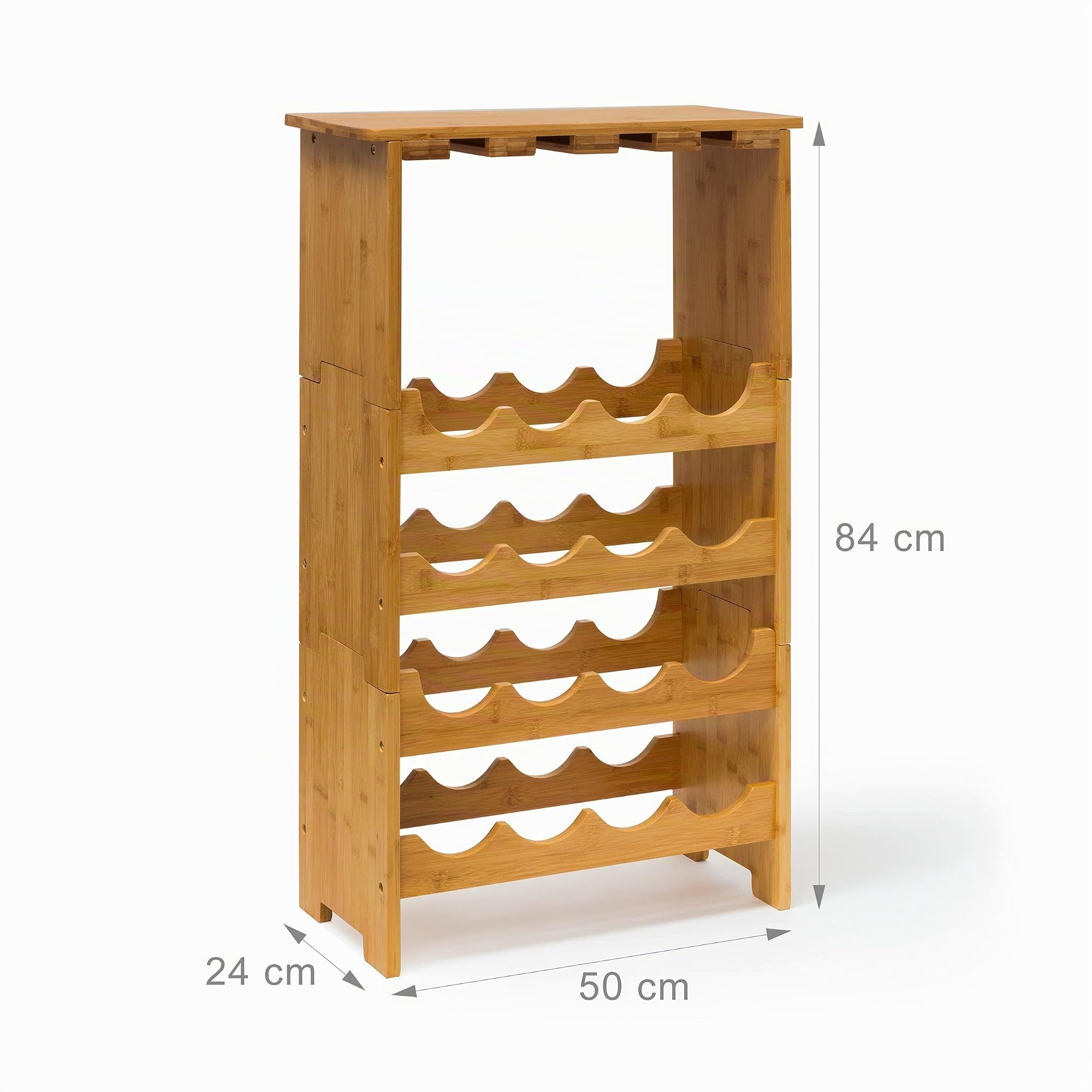Relaxdays Botellero Vino de Bambú, 84 x 50 x 24 cm, Estante 16 Botellas y 12 Copas, 3 Niveles, Apilable, Marrón Natural