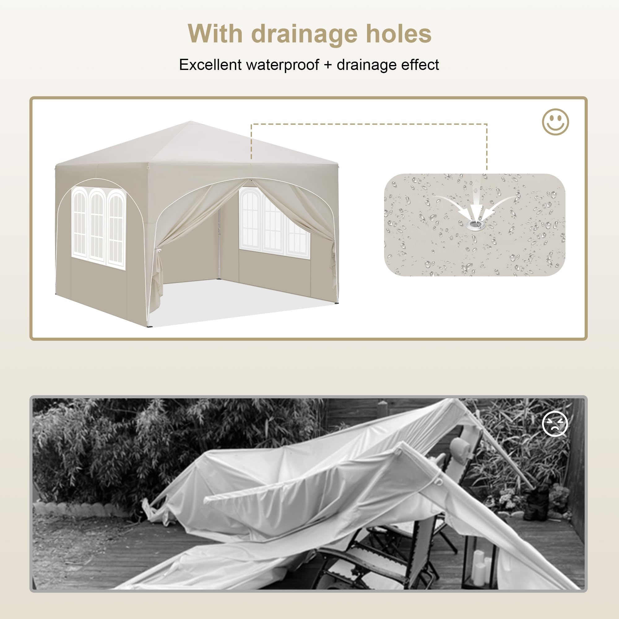 Laneetal Pop-Up Vouwpaviljoen, waterdicht, winterbestendig, paviljoen, 3 x 3 m, opvouwbaar, stabiel grillpaviljoen met zijwanden, venstertas, voor camping, strand, tuin, beige