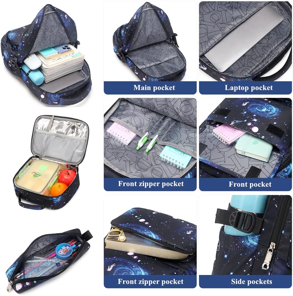 Mildame Galaxy Backpack for Boys with Lunch Box Set, 3Pcs Boys Bookbag for Elementary, 3 in 1 Teens Space Printed School Bag - Image 4