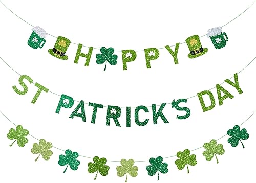 Cartel de feliz día de San Patricio, decoraciones de guirnalda de trébol con purpurina, 3 piezas de decoraciones del día de San Patricio para